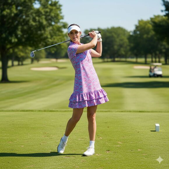 IBKUL Godet Golf Dress XL Leslie Print Pink Blue Bright Colorful UPF Pickleball - Picture 1 of 8
